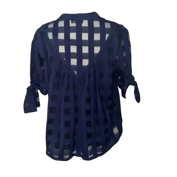 Current Air Anthropologie Blouse SP Short Sleeve Button Up Plaid Sheer Bows - Picture 9 of 16